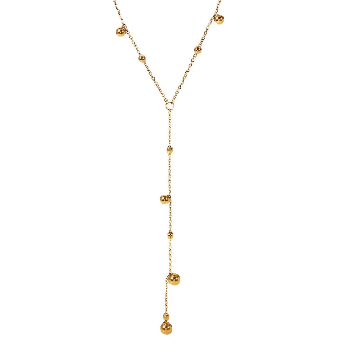 18K Gold Plated Women's Stylish Pendant Necklace Long Tassel Bead Fashionable Geometric Stainless Steel Rope Chain Trendy Female