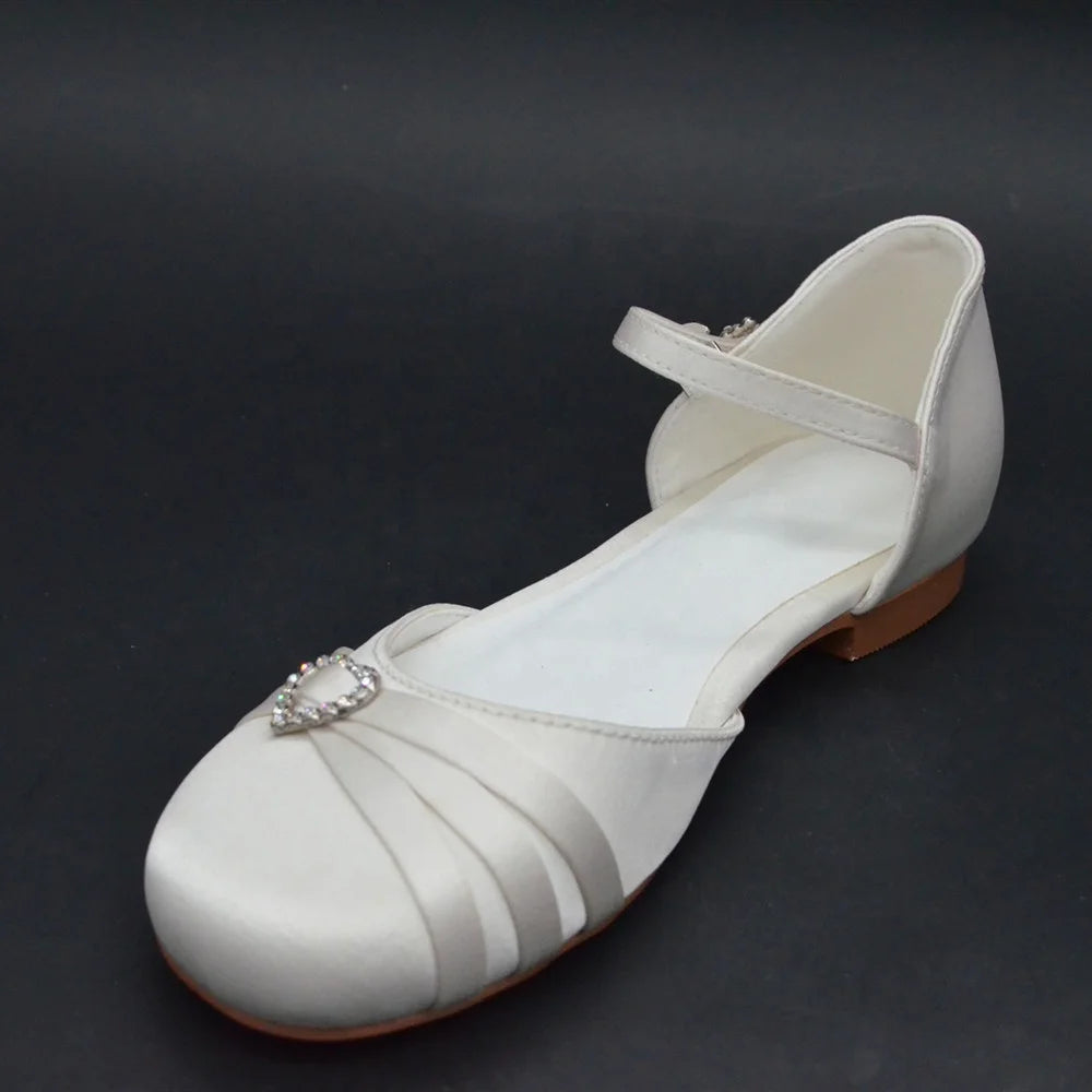New Brand Genuine Leather Cute Girls White Satin Wedding Dance Shoes Beautiful Fashion Close Toe Flat Heel Sizes 28 41 for