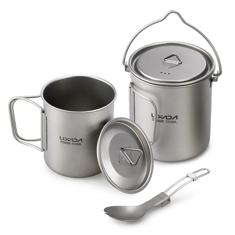 Lightweight Titanium 3 Pieces Set Titanium 750ml Pot 450ml Water Cup Mug with Lid Collapsible Handle Folding Spork Set
