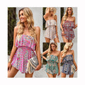 New Arrivals Women Summer Bohemia Floral Jumpsuits Playsuits Loose Off Shoulder Floral Printed Short Pants One Piece Jumpsuits