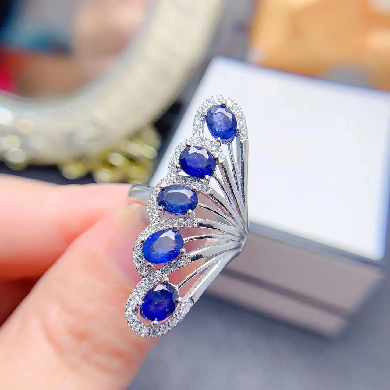 Fashion Luxury Wedding and Engagement Flower 925 Silver Natural Sapphire Jewelry Couples Finger Rings for Girls