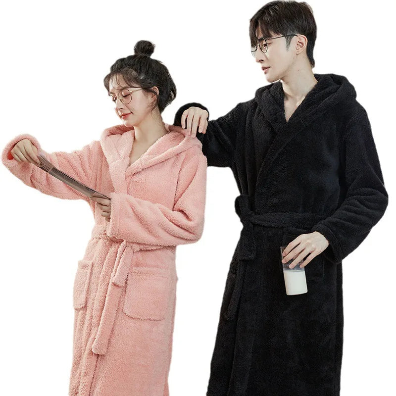 Men Solid Fleece Pajamas Night Robe for Men Home Wear Hooded Winter Fleece Bathrobe