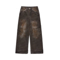 Custom Men's Distressed Dark Brown Wash Jeans Wide Leg Ripped Abrasion Effect Knee Hole Detail Rough Texture Grunge Style