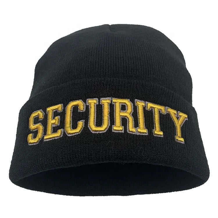 New Warm Unisex Winter Beanie Hat Breathable Waterproof 100% Acrylic 3D Embroidery Security Logo Image Black Gold Wholesale