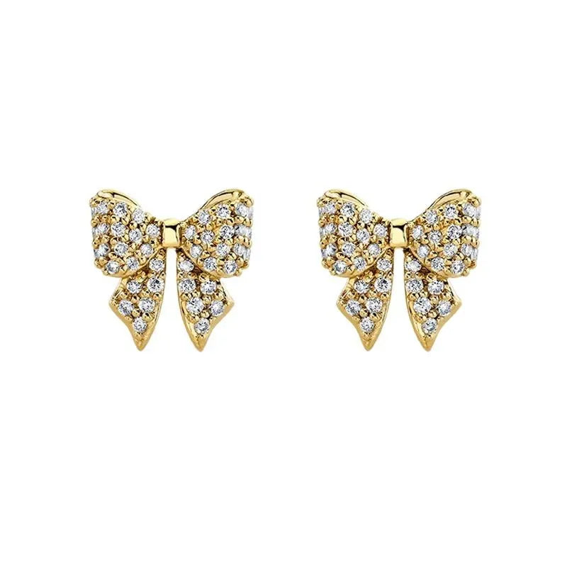 Trendy 925 Solid Sterling Silver & 18K Gold Cubic Zirconia Small Bow Stud Earrings with Star Bezel Setting for Anniversary