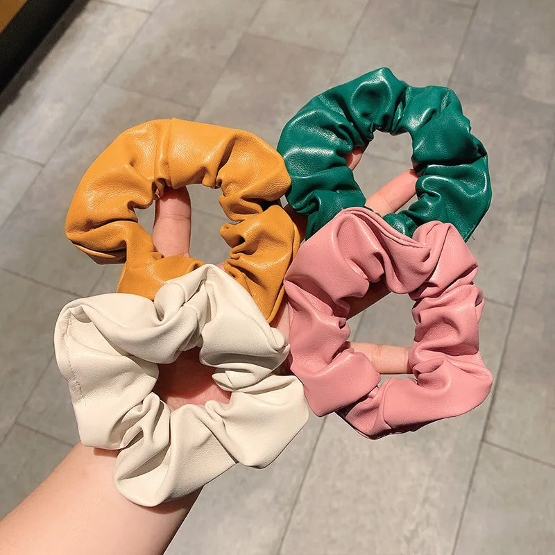 Wholesale Soft Leather Hair Scrunchies for Women Elastic Hair Bands Solid Color Ponytail Holders for Thick Hair