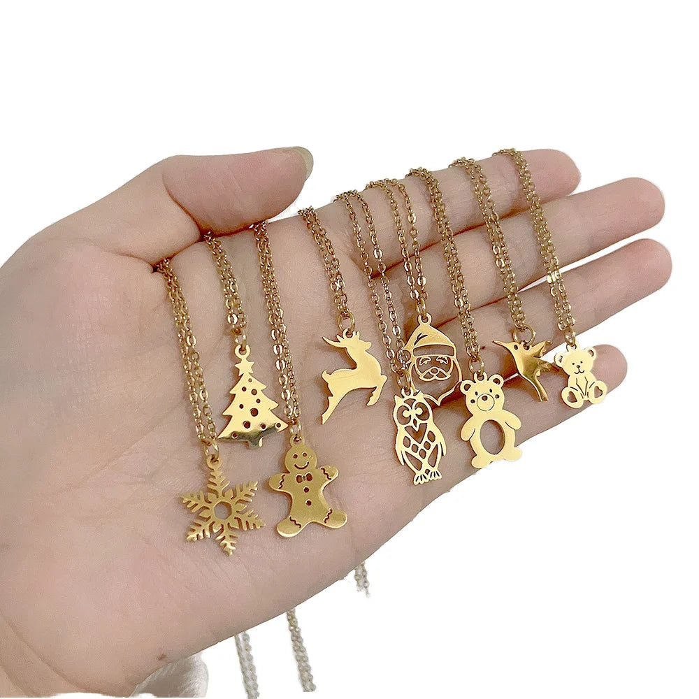 DIY Waterproof Stainless Steel Bear Pendants Snowflake New Year Charms for Women Link Chain Jewelry Accessories Christmas Gifts