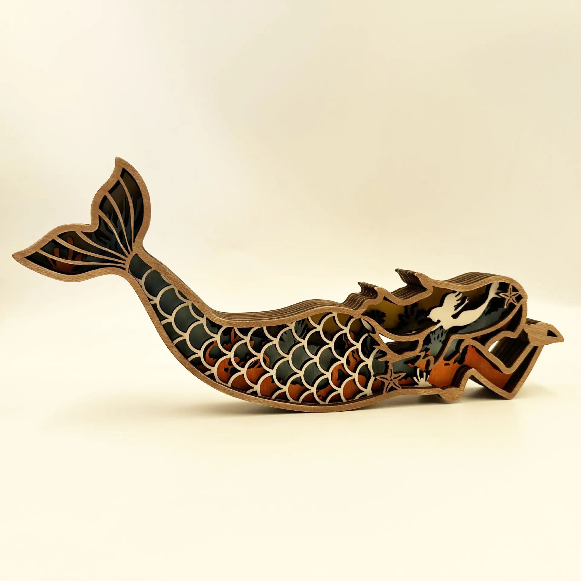 Hot Sale Multi-Layered Christmas Wooden Crafts Engraved Carving Animal Mermaid Unicorn Lighting Wall Hanging Art Table Decor