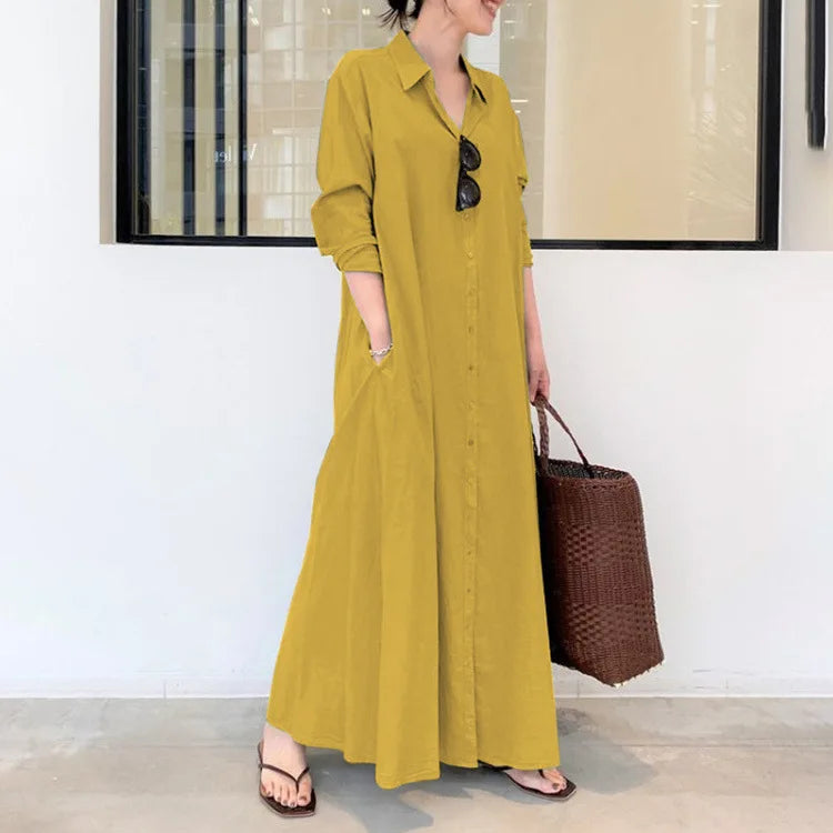 European and American Women's Long Dress Shirt Solid Color Loose Comfortable Casual Cotton Linen Dress