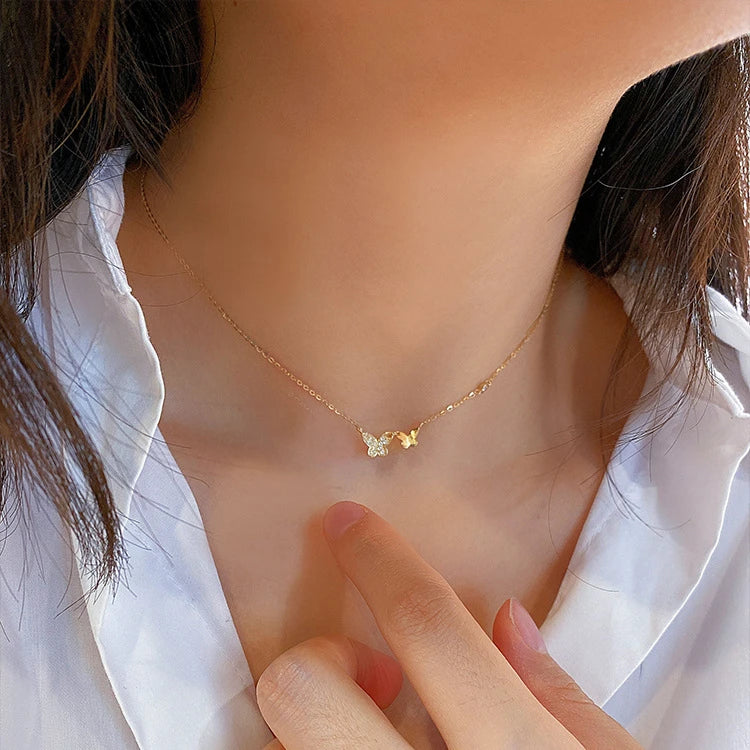 New Design Ins 14k Gold Plated S925 Sterling Silver Cz Pave Double Butterfly Pendant Choker Necklace Lady