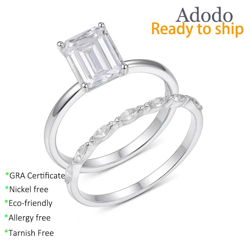 Fashionable Women Jewelry 925 Sterling Silver 14K Gold Rhodium Plated Emerald Gut VVS Moisssanite Four Claw Stackable Rings Set