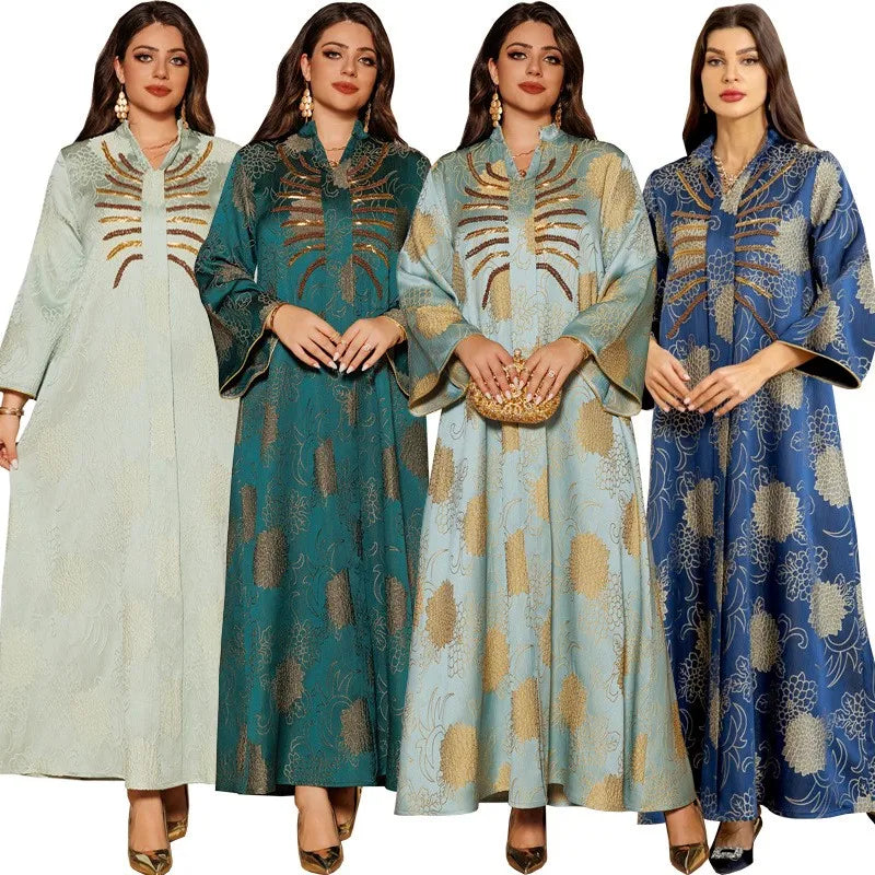 AB402 Middle Eastern Dubai Robes Abaya Women Muslim Dress  V-neck Jacquard Beaded Kaftan Dresses Women Dubai Islamic Dresses