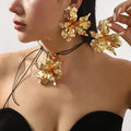 Exaggerated Design Metal Large Flower Earrings Long Black Wax Cord Necklace Opening Adjustable Bracelet for Women