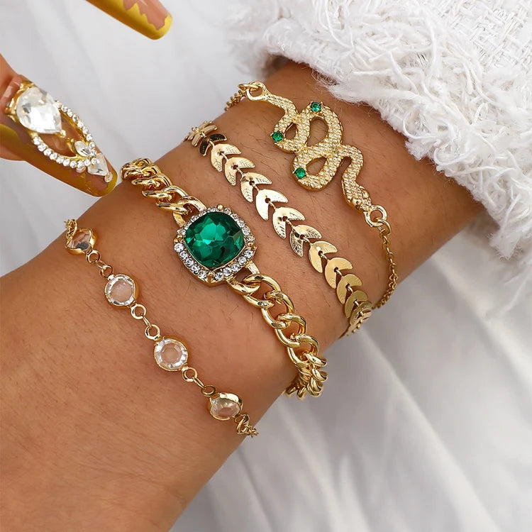 ZL-30 Wholesale Fashion Hand Jewelry Alloy 4pcs Square Round Geometric Square Green Diamond Metallic Leaf Snake Bracelet Kit