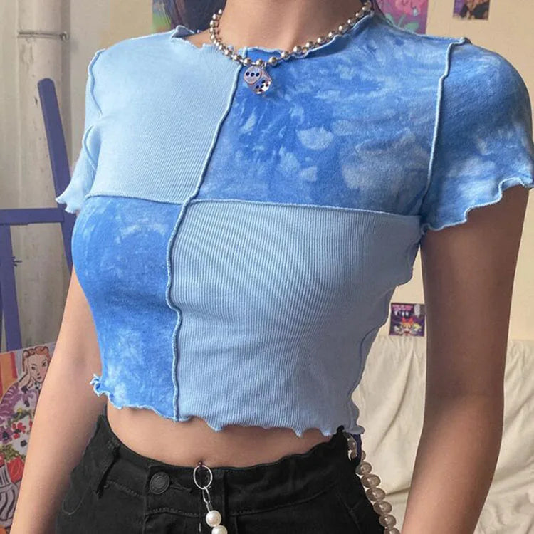 Fashion Chic Crop Tops Tees Tie Dye With Sequin Patchwork Women Summer T Shirts Ruffles Hem Purple or Bule T-Shirts