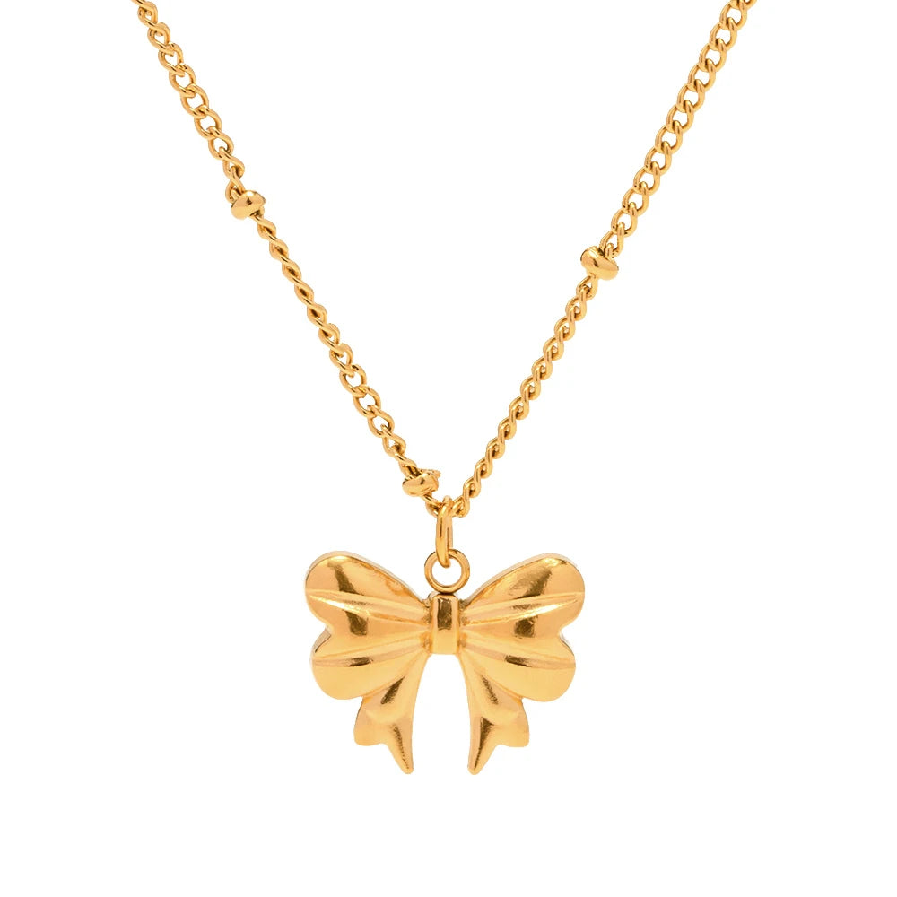 New Arrival 18K Gold Plated Charm Necklace Stainless Steel Bow Pendant Necklace for Girls