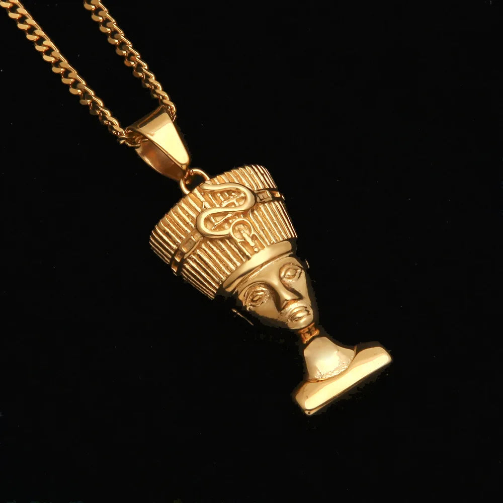 Fashion Ancient Egyptian Queen Pharaoh Hip-Hop Fatima Pendant Egyptian Nefertiti Head Portrait Necklace Stainless Steel Gold