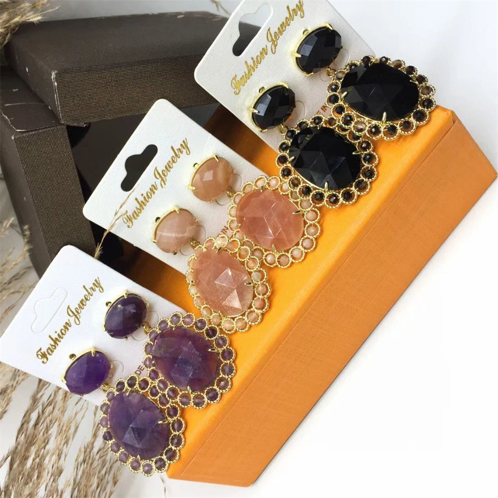 Statement Jewelry Fashion Women Earrings Natural Stone Beads Prong Setting Crystal Quartz Earrings Amethyst Ruby Turquoise Studs