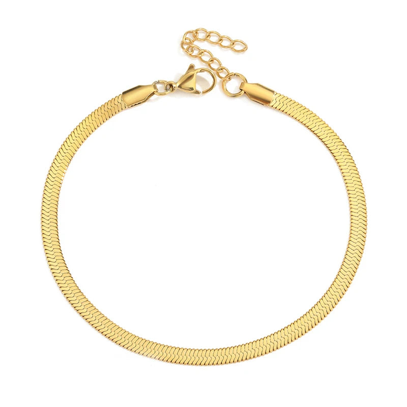 Delicate 18K Gold Plated Stainless Steel Snake Chain Bracelet Waterproof Jewelry Herringbone Ankle Bracelets for Women