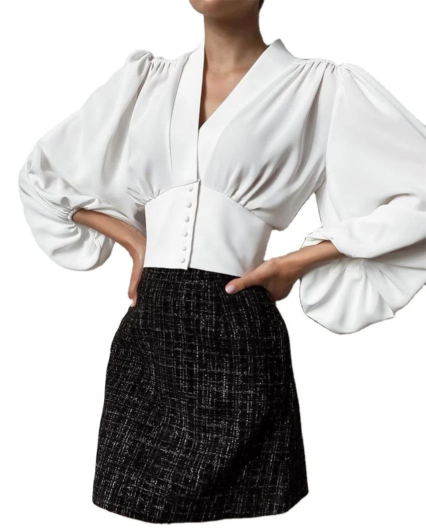 2023 Spring/Summer New Short Crop Chiffon Shirt V-neck Top French Long-sleeved Commuter Shirt
