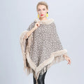 Fringes Leopard Pattern Ladies Fur Poncho Faux Fur Lined Collar Pullover Loose Sweater Shawl for Women