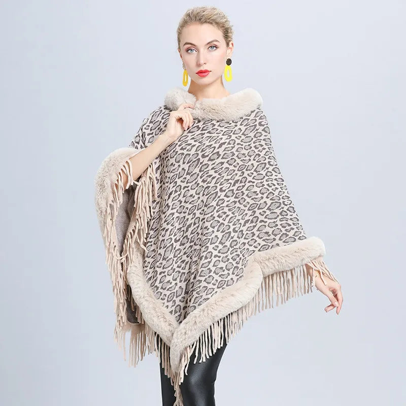Fringes Leopard Pattern Ladies Fur Poncho Faux Fur Lined Collar Pullover Loose Sweater Shawl for Women