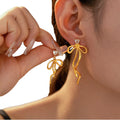 Chic Ins 18K Gold PVD Plated Stainless Steel Bowknot Drop Earring with Heart Zircon Ribbon Tassel Trendy Style