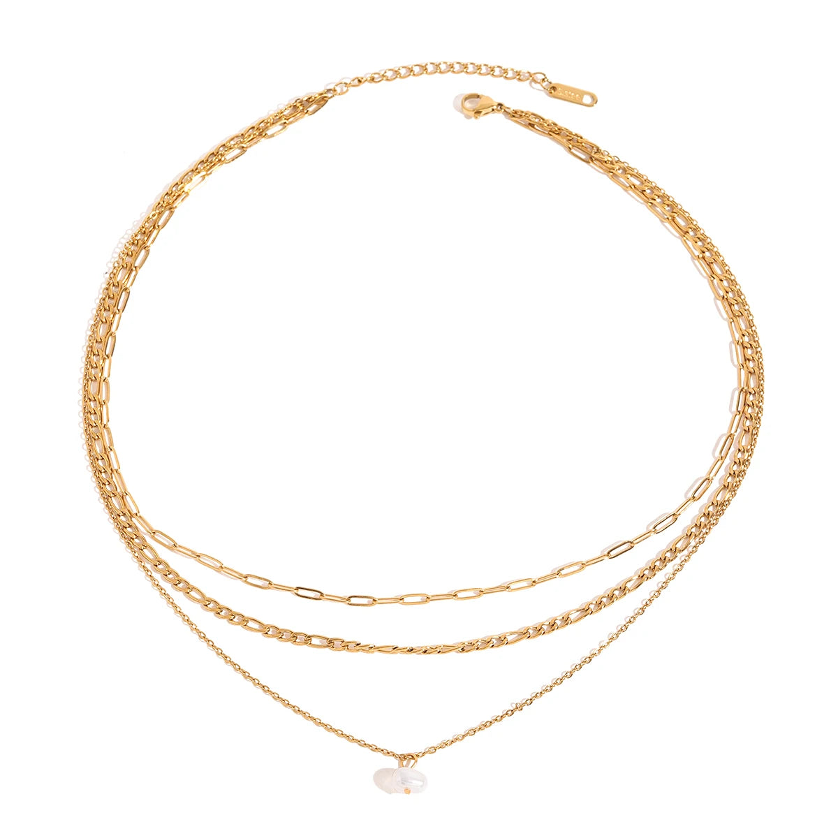 J&D 18K Gold Stainless Steel Freshwater Pearl Cross and Flat Link Multi-Layer Necklace