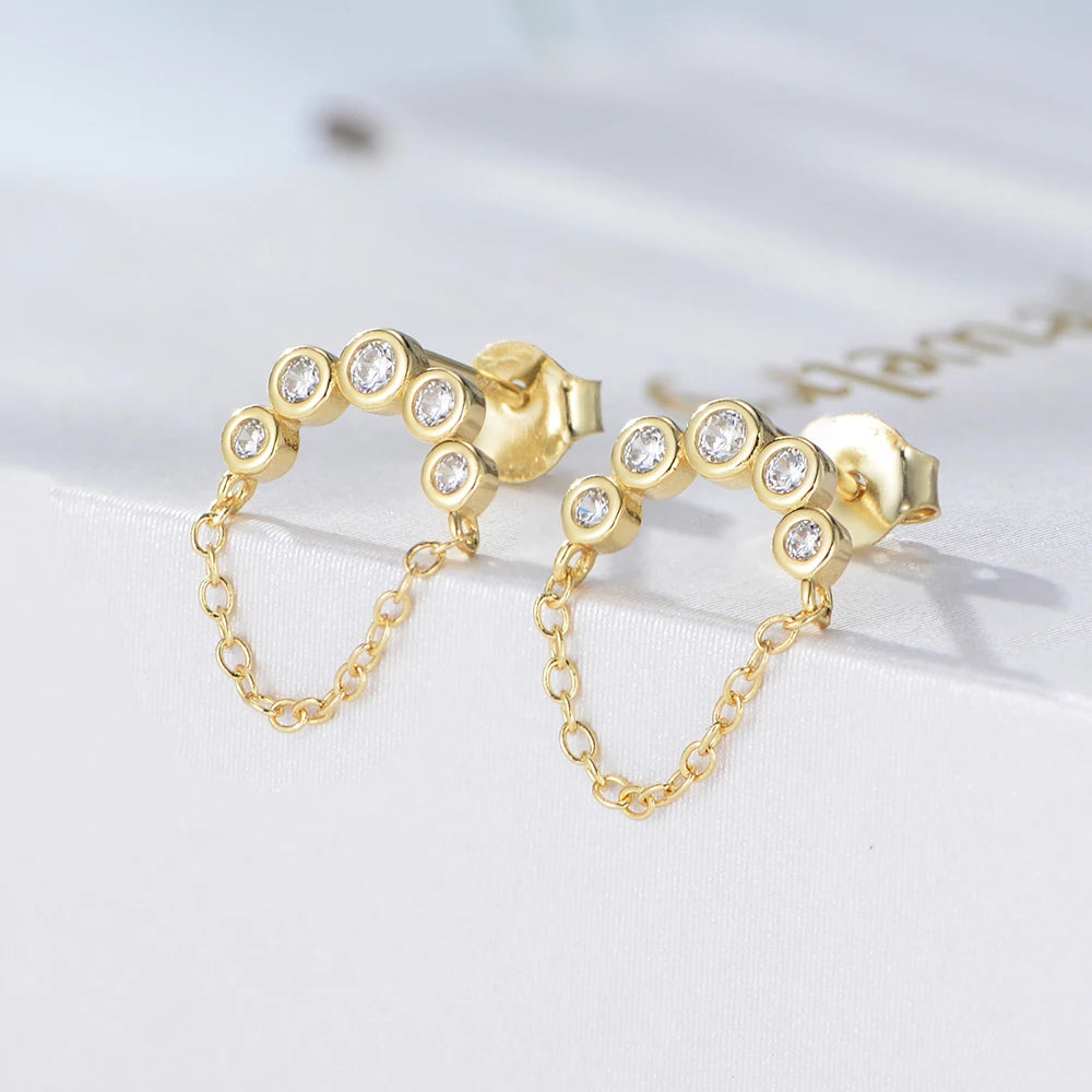 Korean Style Simple Trendy 925 Sterling Silver Gold Stud Charm Popular Chain Drop Zircon Tassel Earrings
