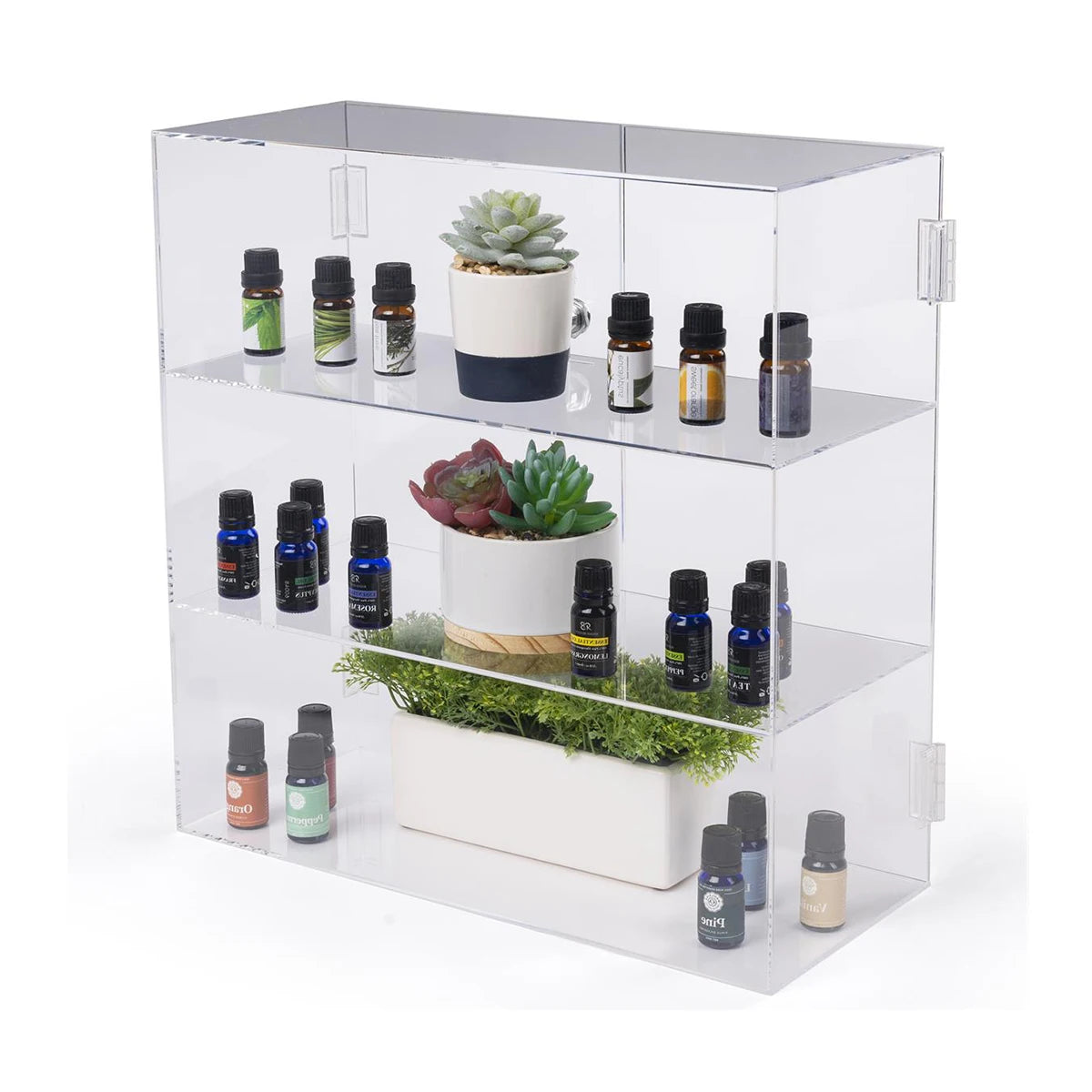 Modern 2 Tiers Clear Acrylic Countertop Display Case Cabinet with Locking Hinged Doors