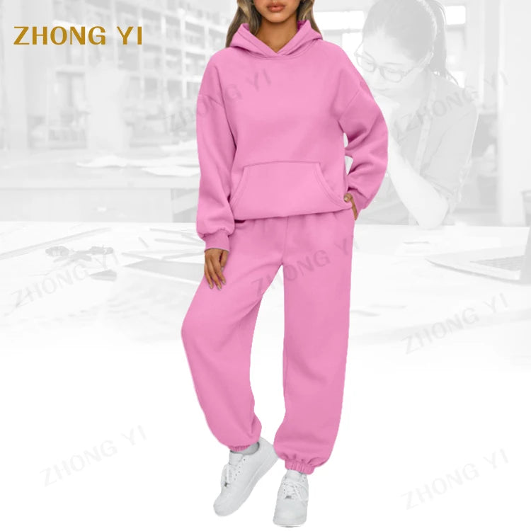 Clothing Wholesale Custom 100 Cotton Soft Baggy Women Pullover Sweatsuit Set Oversized Drop Shoulder Hoodies Tracksuit