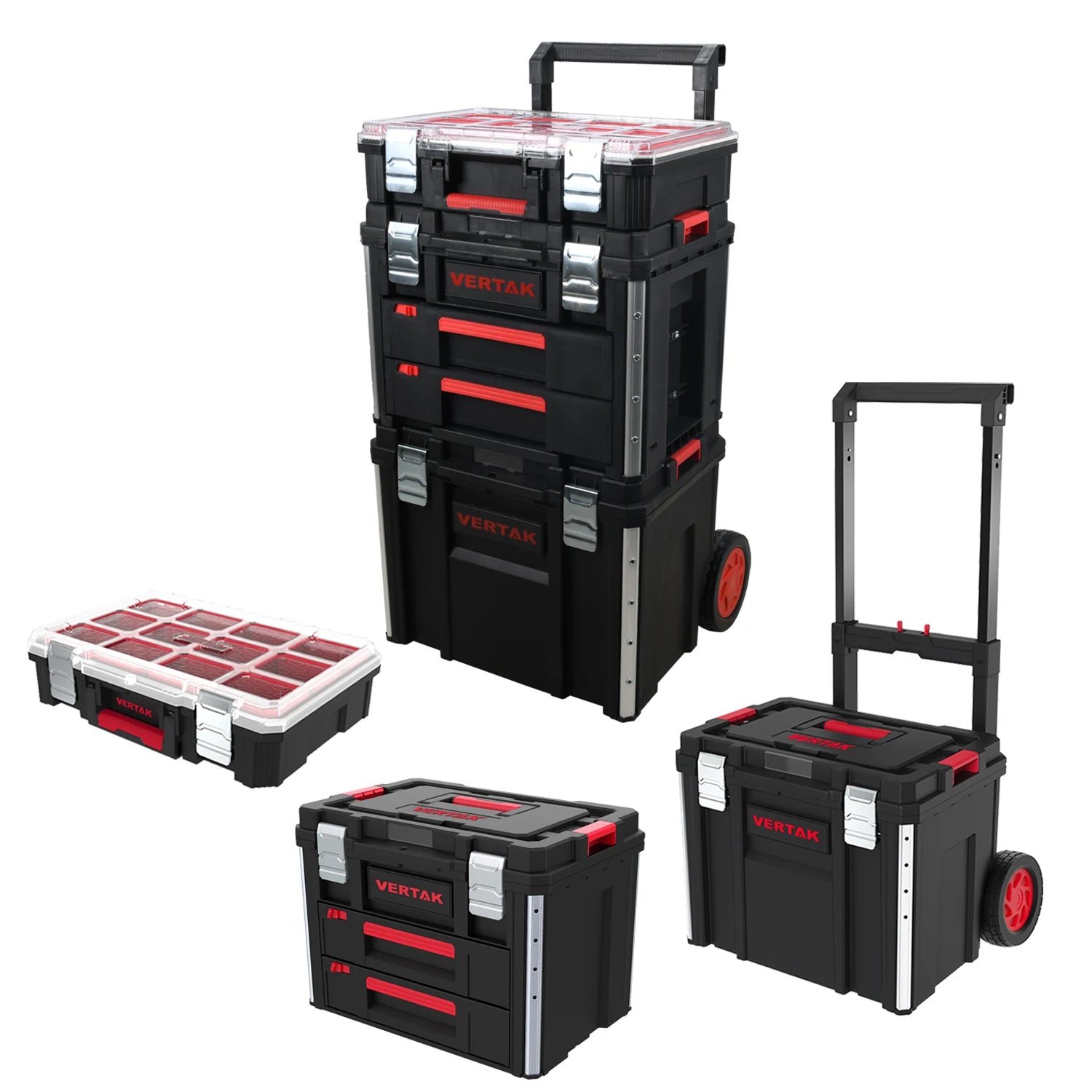 Vertak 3in1 Stackable Empty Tool Box Durable Multi-Layer Waterproof Trolley Mobile Toolbox Rolling Storage Organizer With Wheel