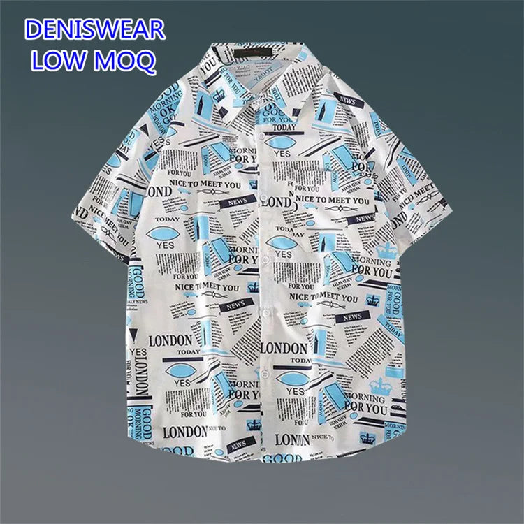 Printed Shirt Custom Pattern China Newspaper Summer Beach Casual Regular Fit Short Sleeve Shirt Manufacturers