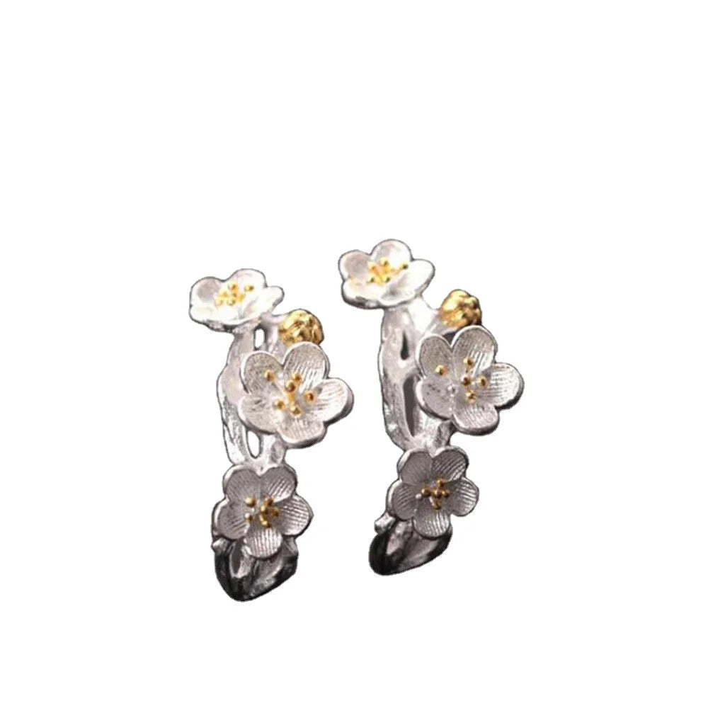 Real 925 Sterling Silver Jewelry Plum Branch Flowers Earrings for Women Stud Set Fine Jewelry Boucle D'oreille