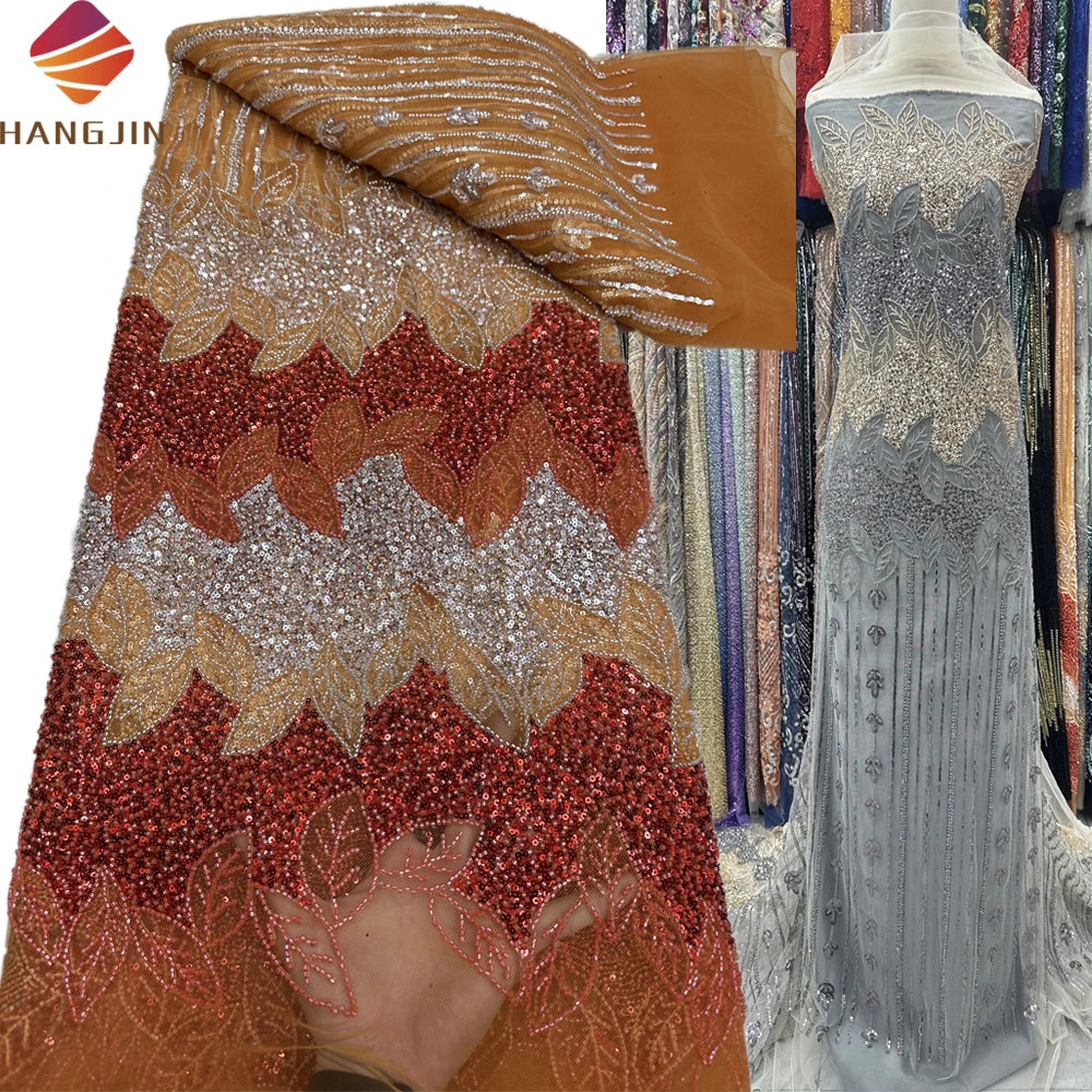 Luxurious Sequin Lace Fabric Orange 3D Embroidery Crystal Beaded Lace Fabric Bridal Tulle Lace Fabric for Evening Party Dress