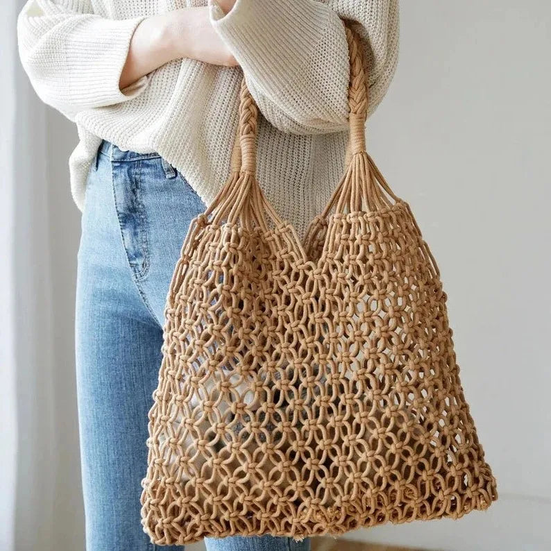 Boho Macrame Crochet Cotton Rope Hollow Straw Summer Beach Handbag for Bridesmaid Tote Bag and Bachelorette Party Gift