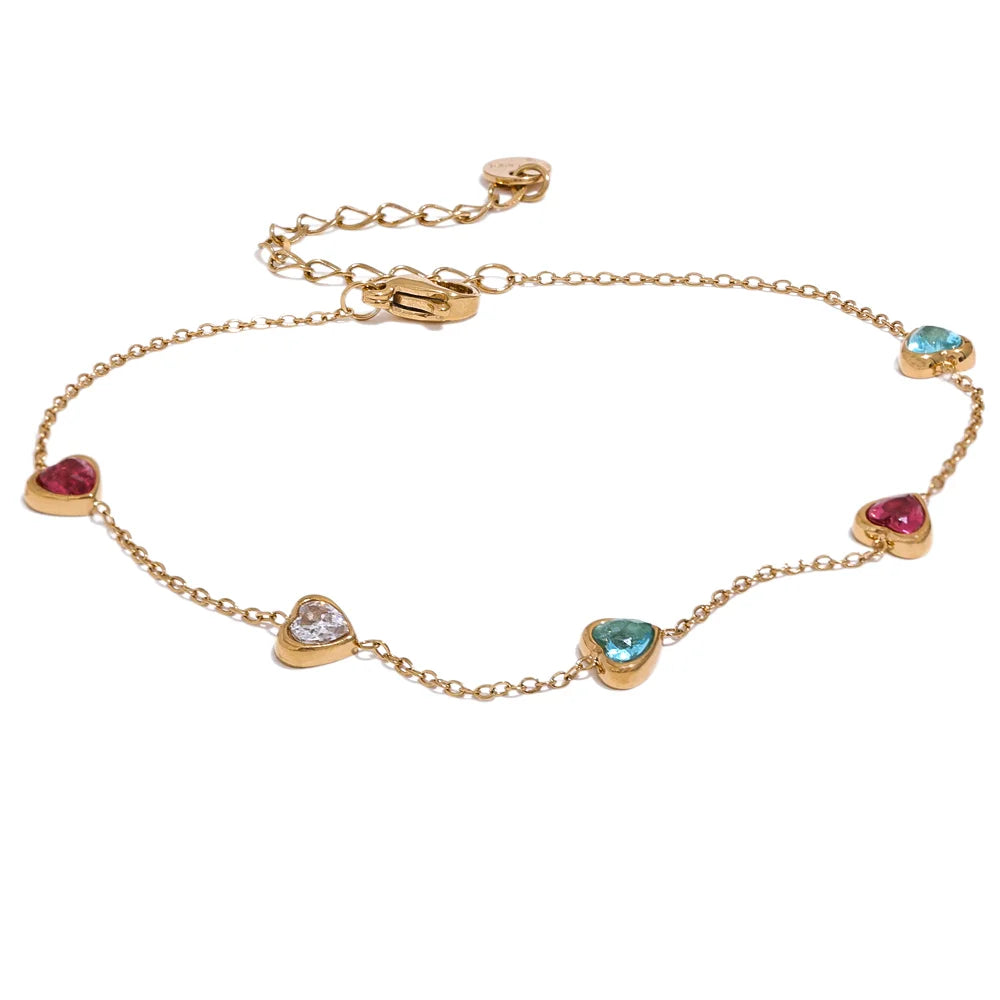 JINYOU 1731 Colorful White Heart Cubic Zirconia Chain Stainless Steel Trendy Anklet Women Fashion Delicate Summer Jewelry New MegaBDM