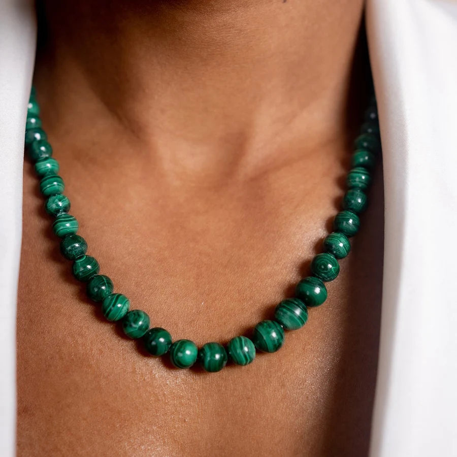 Handmade Vintage Green Malachite Stone Beaded Stainless Steel Waterproof Clasp Necklace Women and Girls Jewelry