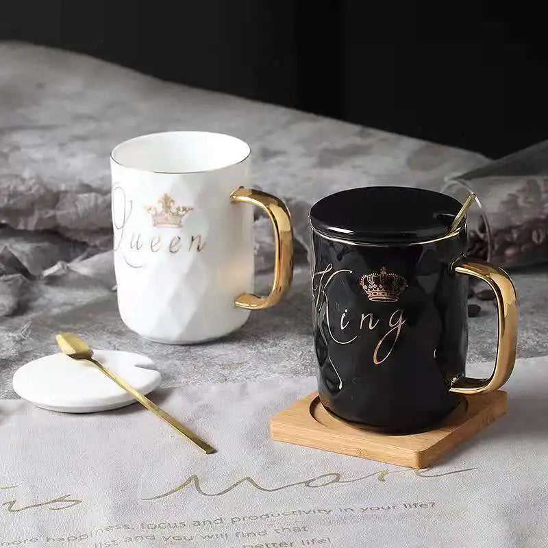 Custom Logo Gold Handle Ceramic Coffee Wedding Queen King Couple Mug Gift Set