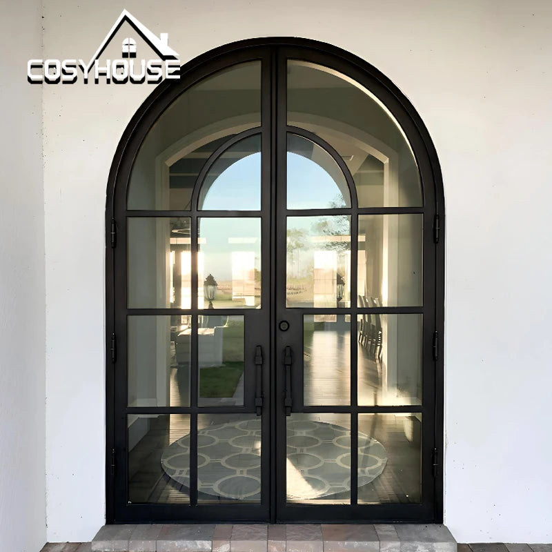 CosyHouse Arched Wrought Iron Door Glass Front Entry Door Luxury Villa Entrance Door