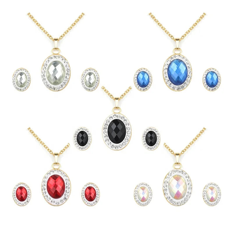 Vintage Retro Fine Jewelry Set 18K Gold Oval Gemstone Stainless Steel Necklace Earrings Rhodium Zircon Jewelry Set Wedding