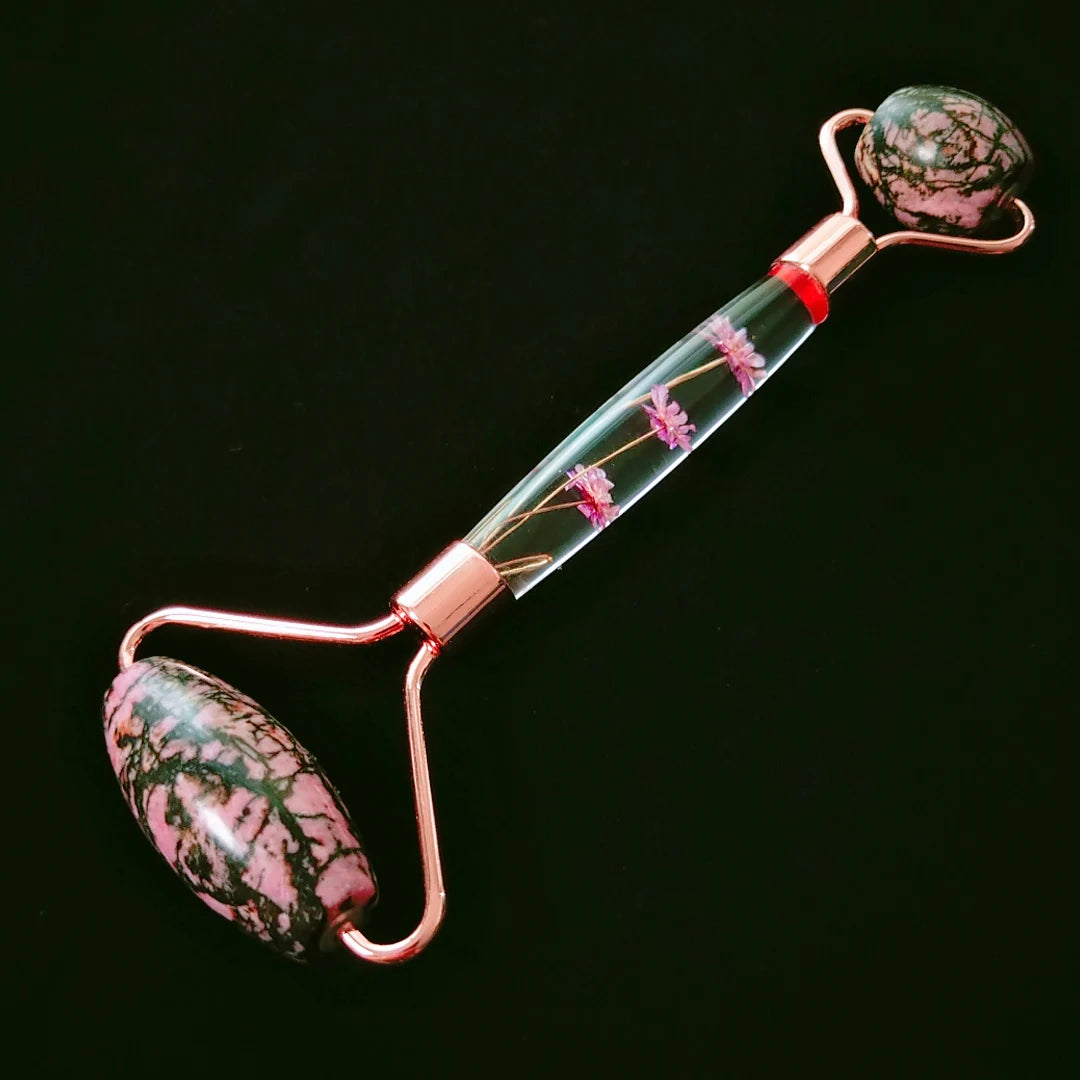 HY Hot sale massage rhodonite jasper flower handle face jade roller