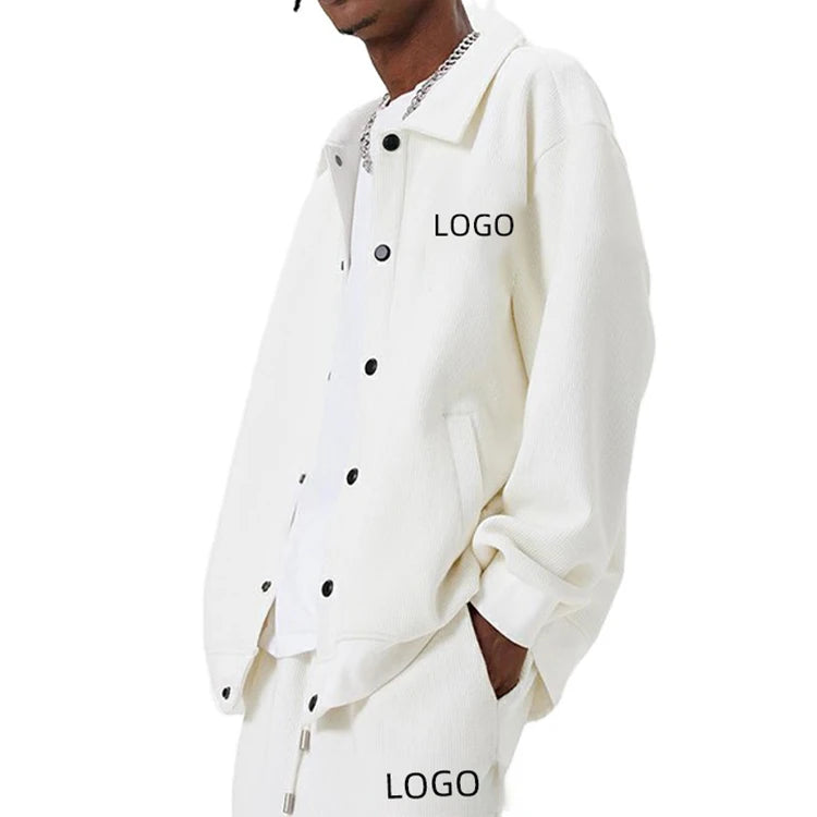 K220028 Custom Logo Men's Fashion Hip-Hop Casual Coat Jacket With Button Two-Pieces Street Wear Joggers Tracksuit Hoodie Set