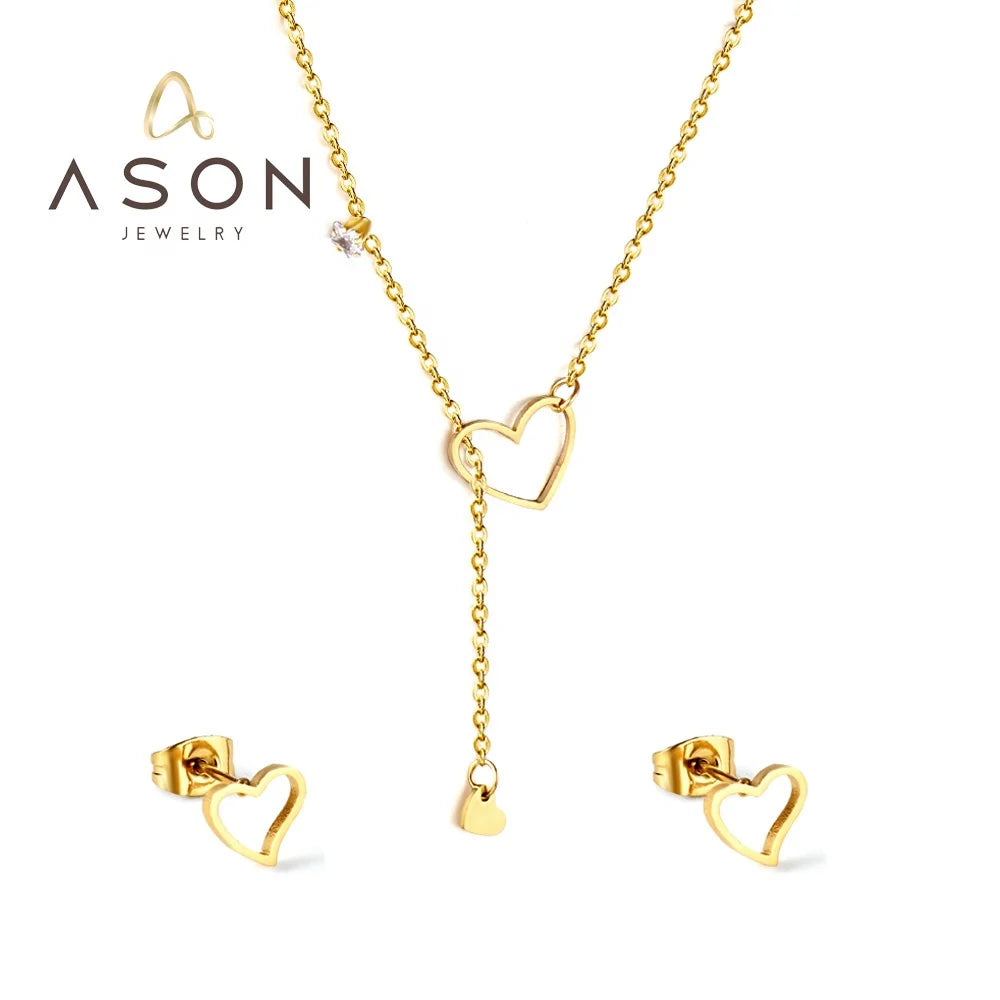 Ason Custom Cheap Jewelry Earring Necklace Wholesale Stainless Steel 18k Gold Plating Heart High Quality Jewelry Sets for Women