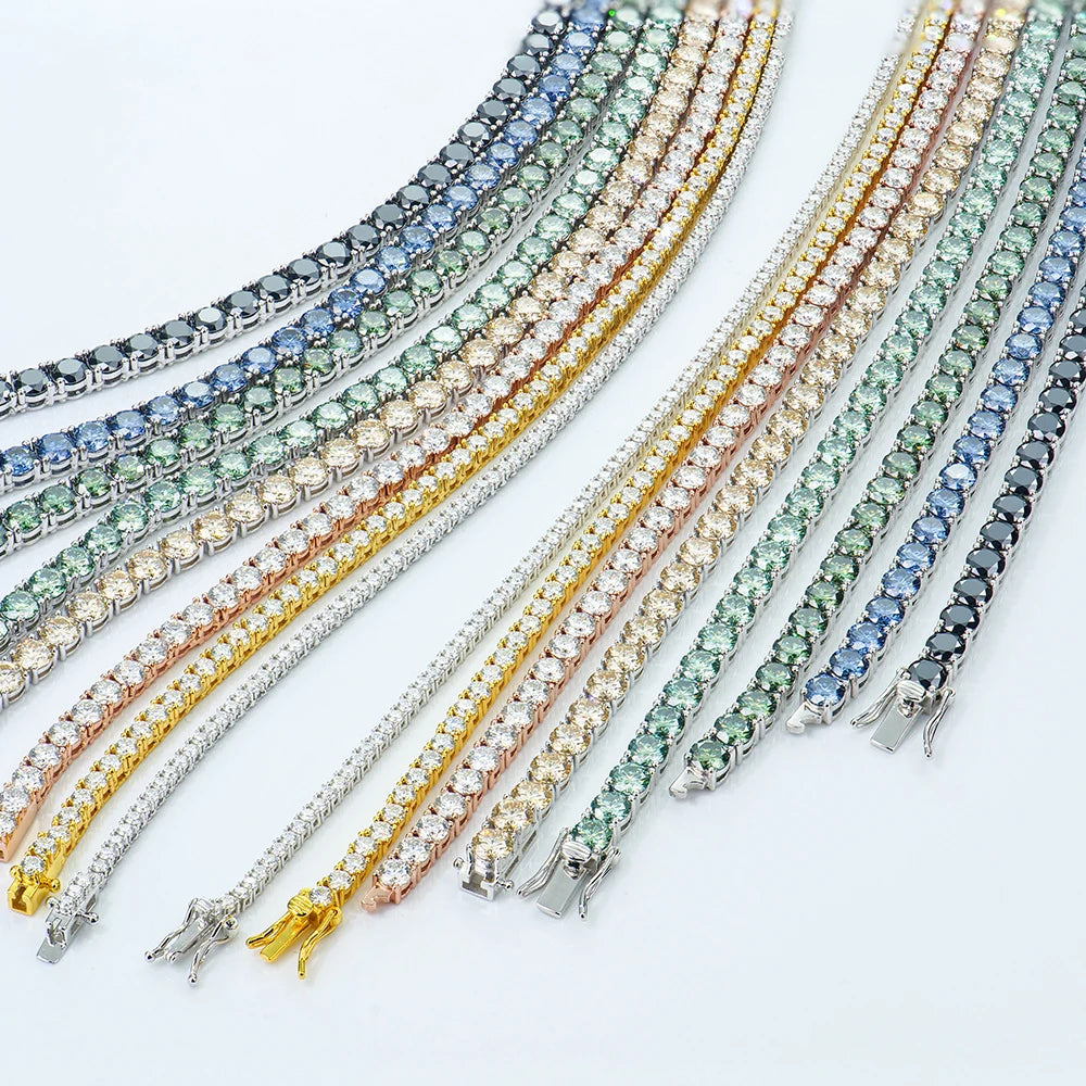 925 Silver Necklace Rhodium Plated Round Brilliant Cut Black Champagne Royal Blue Original Color Moissanite Tennis Link Chain