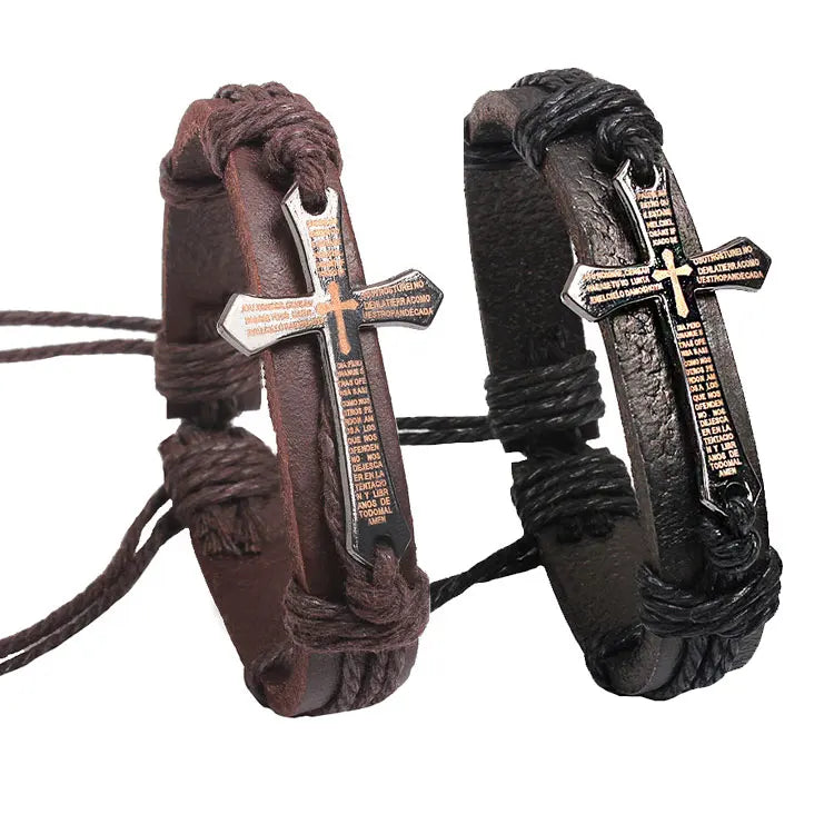 SC Fashion Adjustable Drawstring Leather Bracelet Men Bangles Retro Punk Laser Engraving Letter Cross Bracelets Jewelry