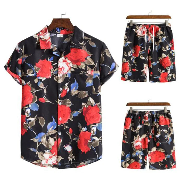Summer Hawaii Set Short Sleeve Men Floral Shirt Shorts Set Mens Outfit Casual Men Two Pieces Set Printed Clothes