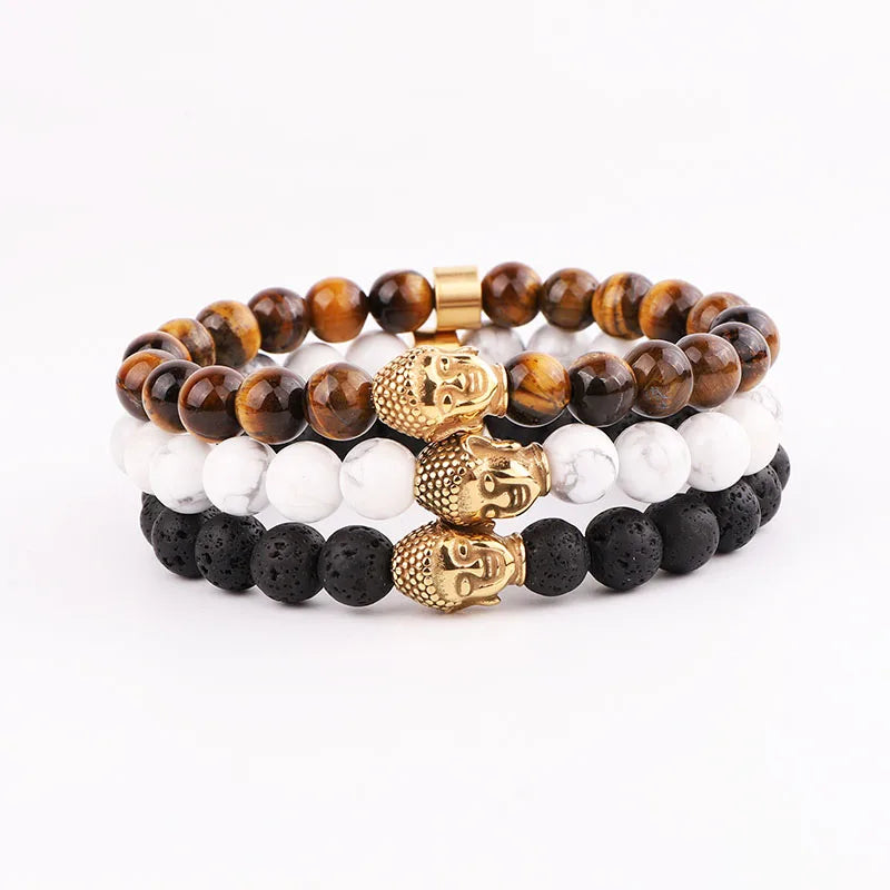 New Design Natural Stone Tiger Eye Howlite Lava Stone Waterproof Stainless Steel Custom Logo Stretch Bracelet for Men