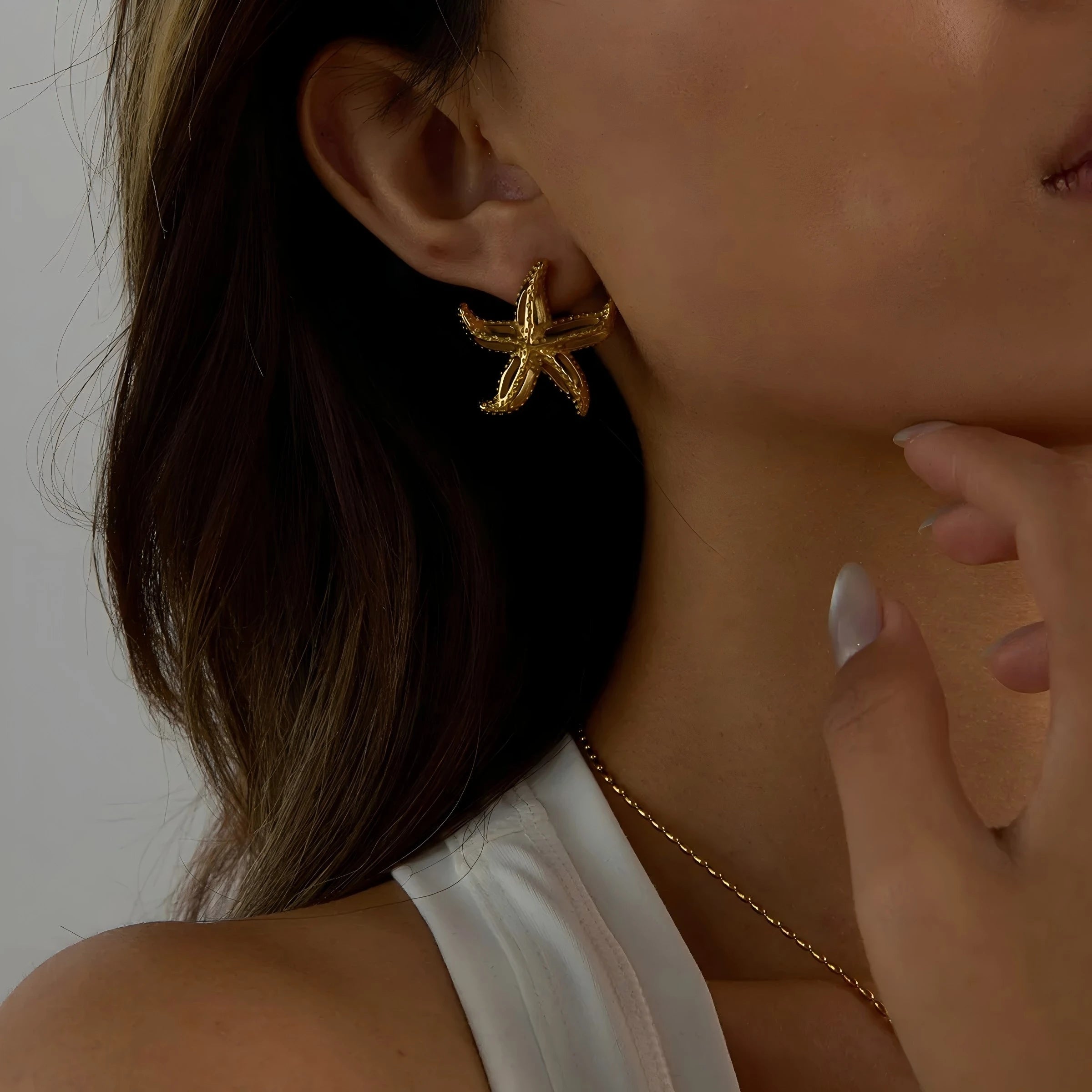 N&S Ladies' 18K Gold Stainless Steel Abalone Shell Hammer Earrings Holiday Gold for Weddings Starfish Number Pattern Earrings