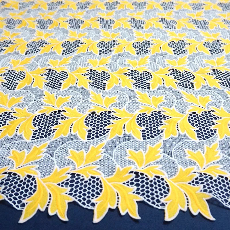 Latest Cord Floral Fabric Lace 100% Polyester Yellow Fashion Guipure Dress Lace Fabric